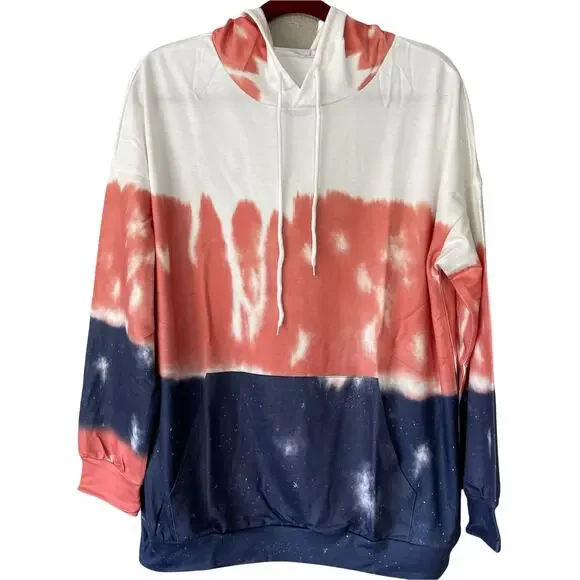 Colorblock Tie Dye Long Sleeve Womens Pullover Hoodie Sweater Pocket Medium - Picture 3 of 8